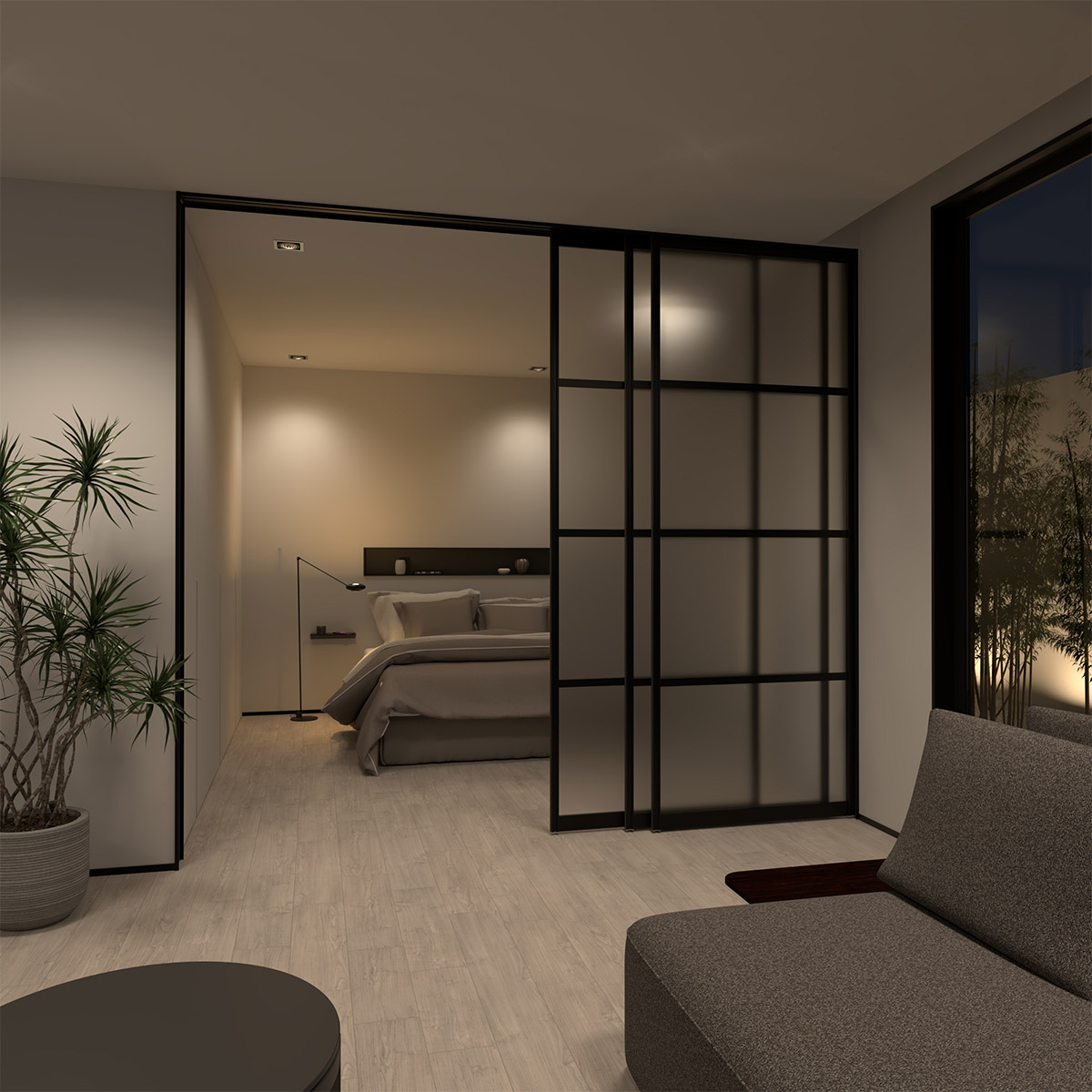 リビング・寝室施工イメージ（ブラック/ガラス調マット板/桟あり/3溝引違い）